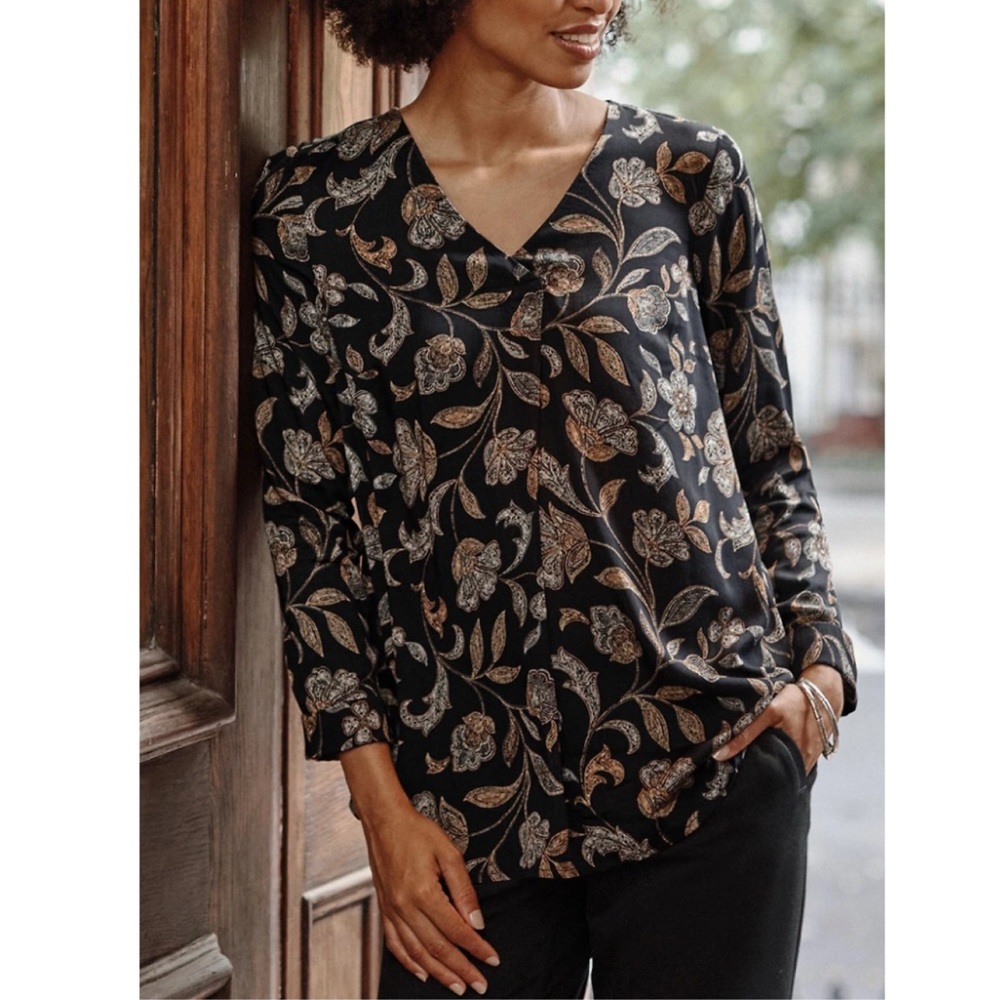 J. Jill Black Floral V-Neck Blouse with Tan and Cream Leaves